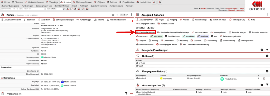 Stammdatenansicht mit markiertem Funktions-Icon „Kundenbeziehung“