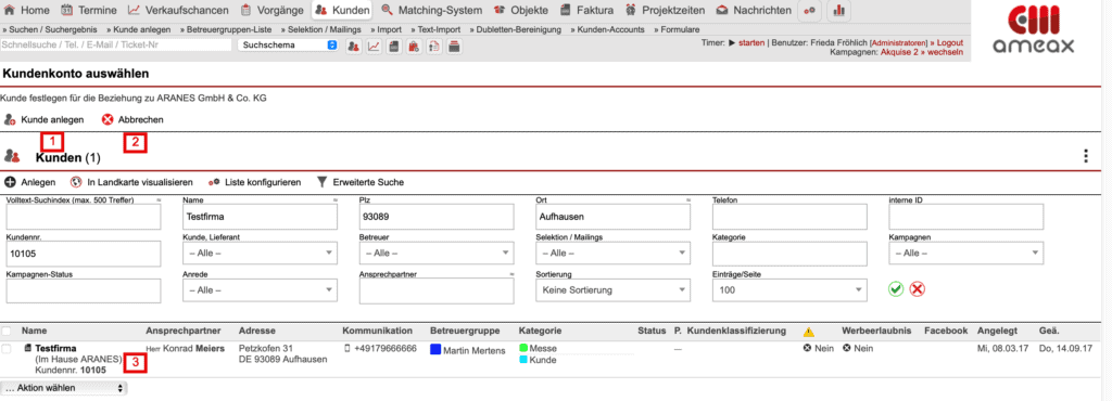 Screenshot Kundensuchmaske mit verschiedenen Markierungen.