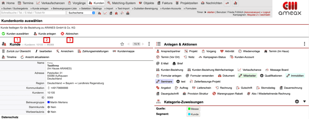 Screenshot Stammdatenmaske mit verschiedenen Markierungen.