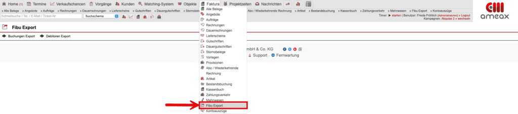 Screenshot der Hauptmenüleiste mit geöffnetem Untermenü bei „Faktura“