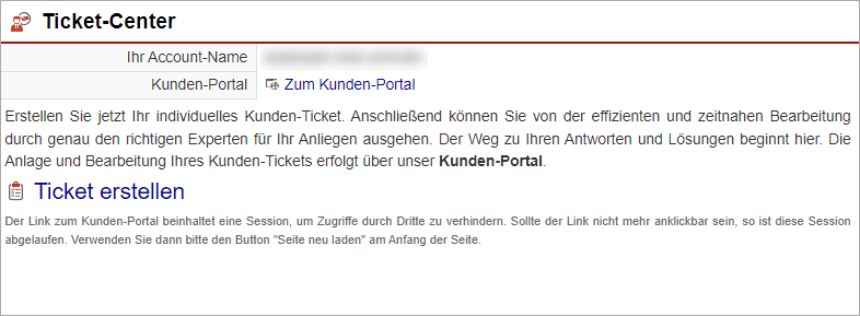Screenshot des Hinweisbereichs „Ticket-Center“ im zentralen Support-Bereich