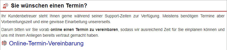Screenshot des Hinweisbereichs „Terminbuchung“ im zentralen Support-Bereich