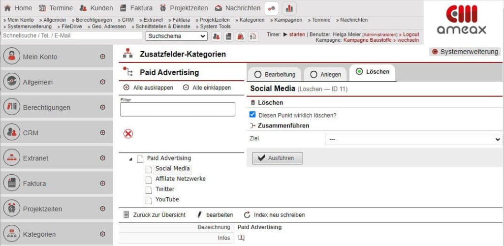 Screenshot Bearbeitungsmaske „Zusatzfelder-Kategorien“ Tab Löschen