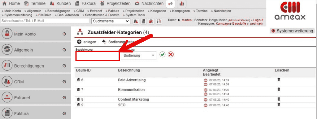 Screenshot Übersichtsmaske des Einstellungsbereichs „Zusatzfelder-Kategorien“