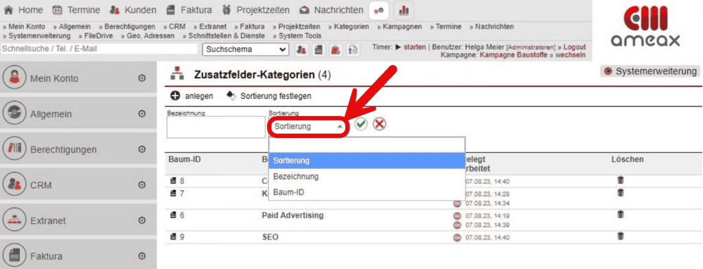 Screenshot Übersichtsmaske des Einstellungsbereichs „Zusatzfelder-Kategorien“