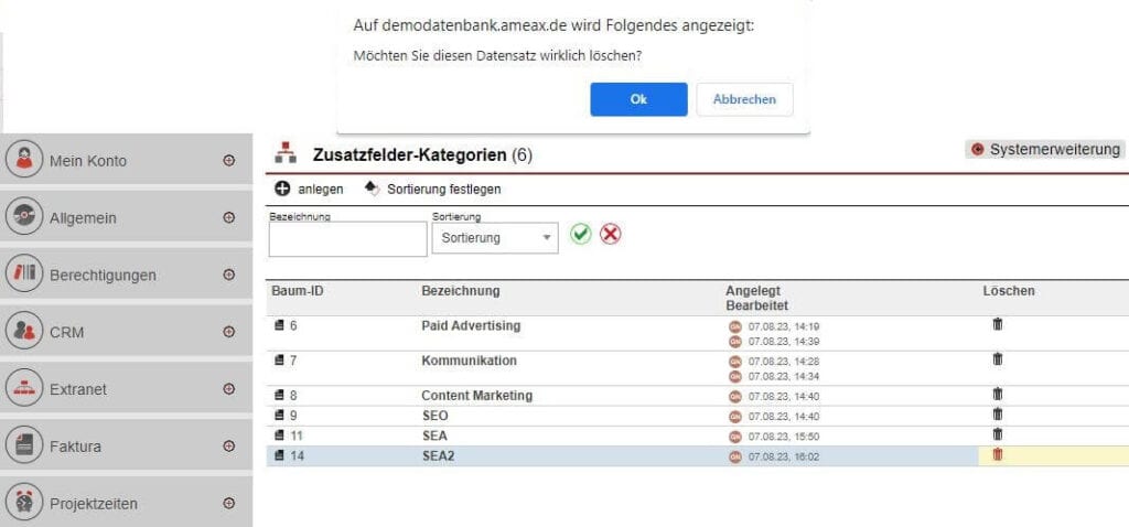 Screenshot Übersichtsmaske „Zusatzfelder-Kategorien“ löschen