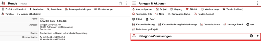 Screenshot Kundenübersichtsmaske mit markierter Kategorie-Zuweisung