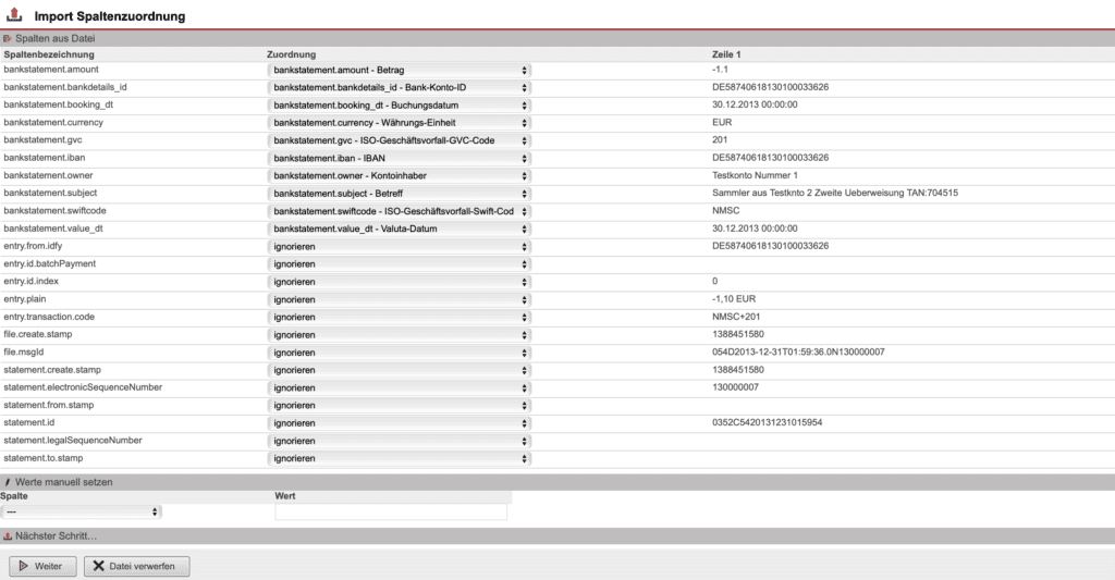 Screenshot Maske „Import Spaltenzuordnung“