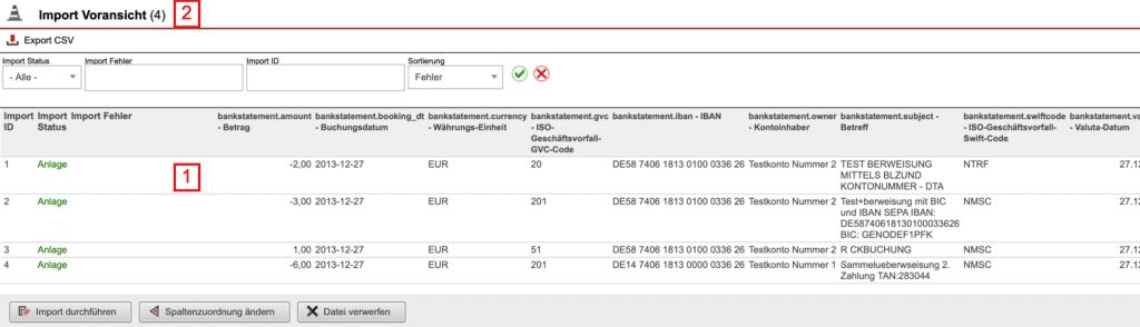 Screenshot Übersichtsmaske „Import Voransicht“