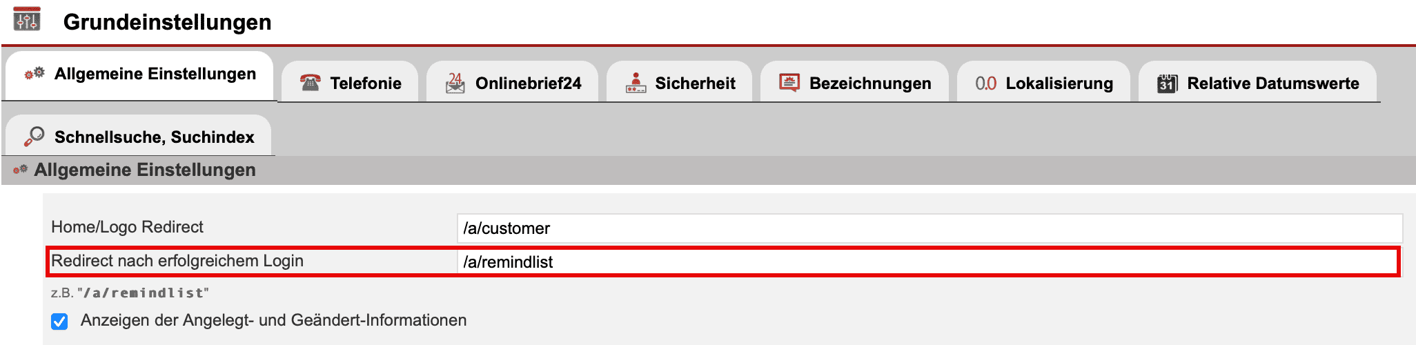 Screenshot Reiter „Allgemeine Einstellungen Grundeinstellungen“ mit Markierung