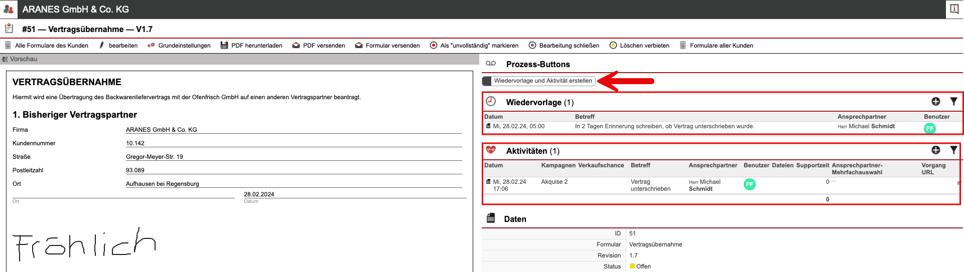 Screenshot Beispielformular mit verschiedenen, markierten Bereichen.